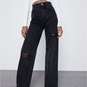 Zara Wide Leg Ripped Jeans Black